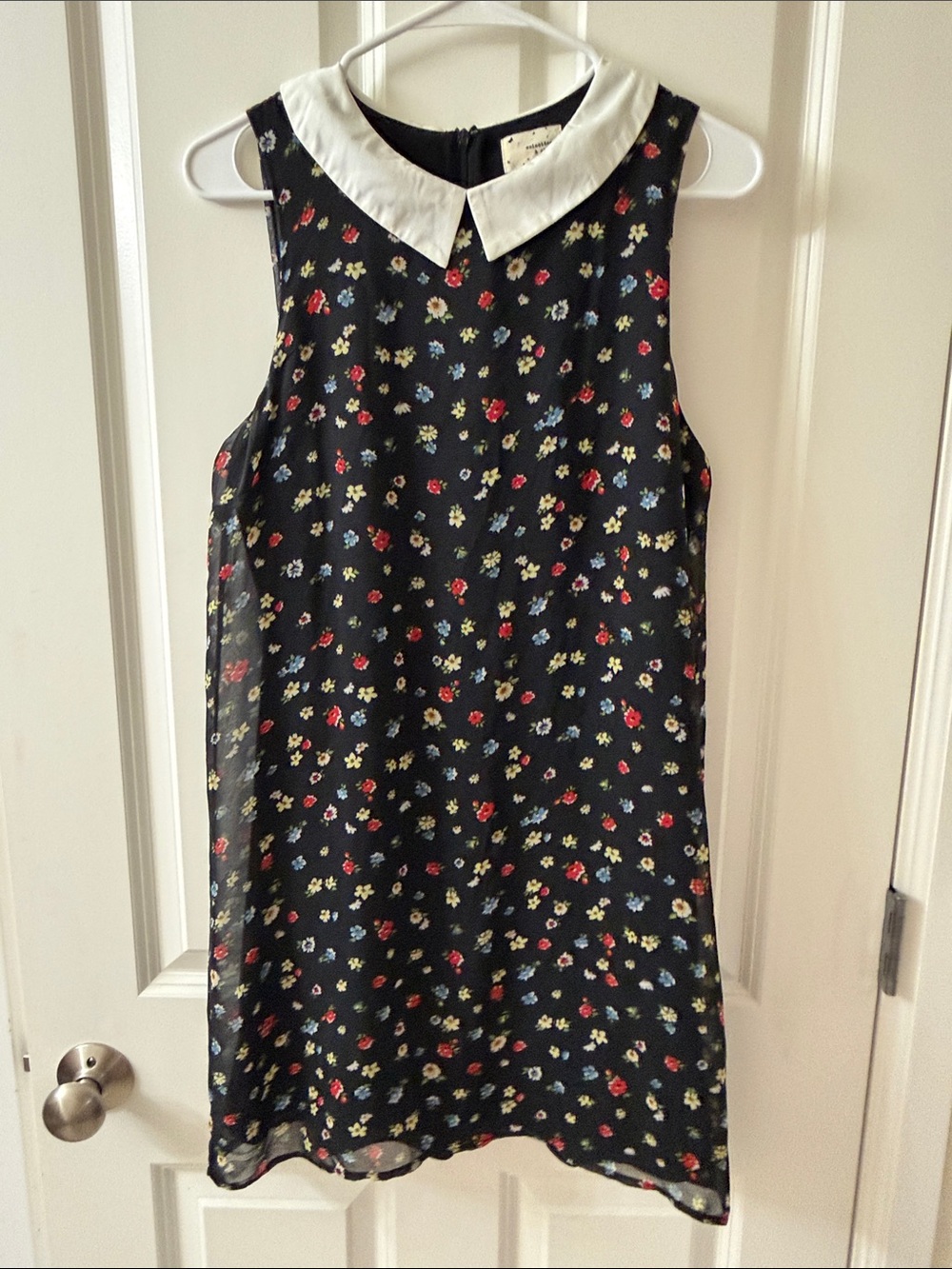 Black Floral Mini Dress with White Peter Pan Collar - Picture 4 of 7